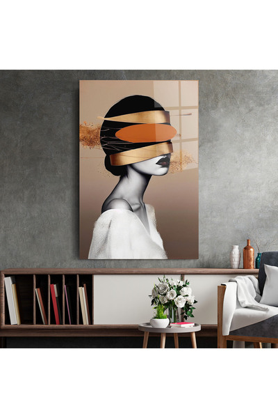 Arthub Tablou Sticla,Dormitor si Living, Abstract cu Linii, Woman With Gold Lines