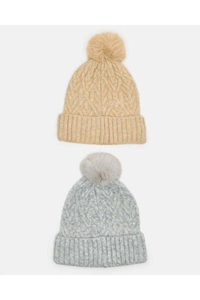 REDTAG طقم قبعات محبوكة مزخرفة باللونين البيج والرمادي للنساء (قطعتين)