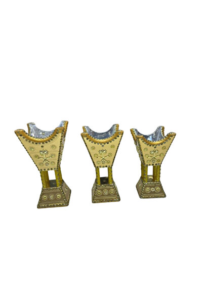 DOUS ASL طقم مباخر فضي 3 قطعة ذهبي خشب سيفين ونخلة مطلي بالمعدن