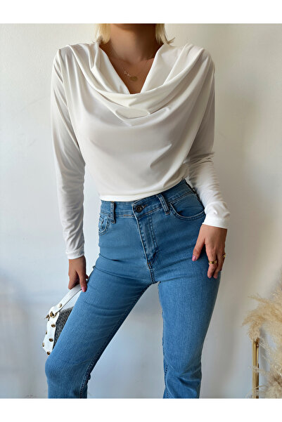 MELA ROSSA Women's Ekru Degaje Collar Long Sleeve Sandy Fabric Blouse