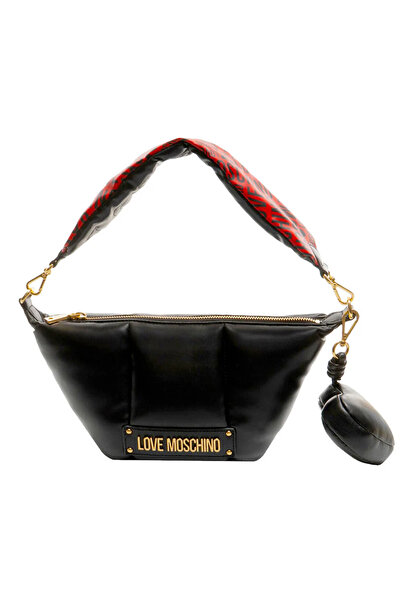 Love Moschino Women's Padded Logo Printed Strap Black Shoulder Bag with Metal...