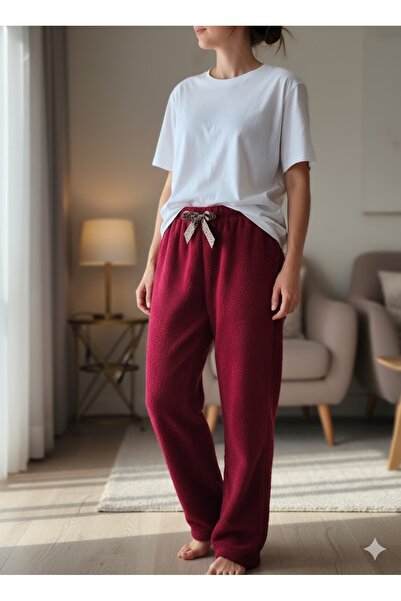 FAMES PİJAMA Women's Burgundy Plush Pajama Bottoms