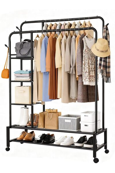 SKY TOUCH SKY-TOUCH Double-Rail Clothes Rack with Wheels & 3-Layer Storage Shelf, 113x40x166 cm