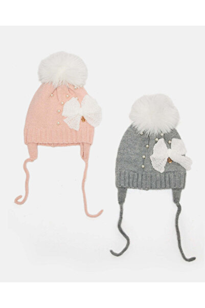 REDTAG طقم قبعات محبوكة مزخرفة باللونين الوردي والرمادي للبنات (قطعتين)