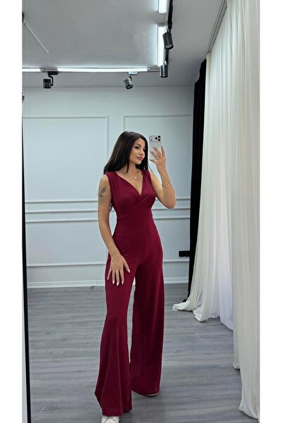 Daves Burgundy Sleeveless Double-Breasted Neckline Flared Stretchy Jumpsuit