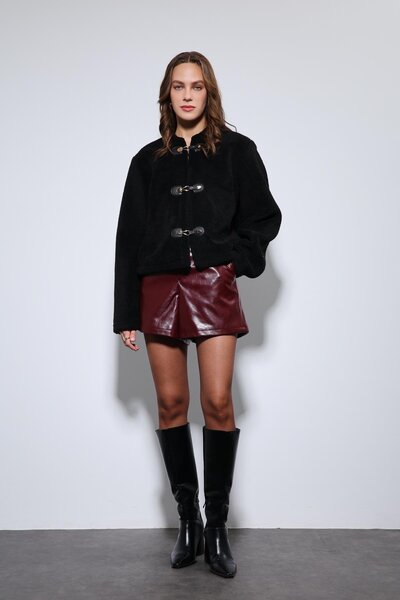 Antioch Black Embellished Buttoned Faux Fur Jacket