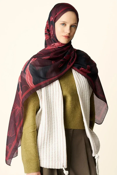 Madame Polo Amora Desenli Pamuk Dokulu Şal - Bordo