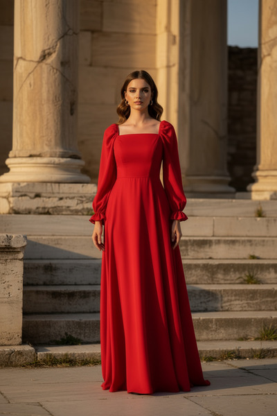 berissima bride فستان سهرة من الشيفون الأحمر، تنورة واسعة، ياقة مربعة، أكمام ...