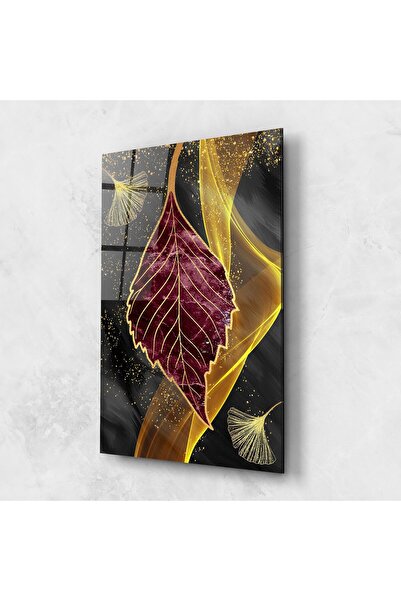 Arthub Glass Painting, Bedroom and Living Room, Leaves, Golden Leaves Red
