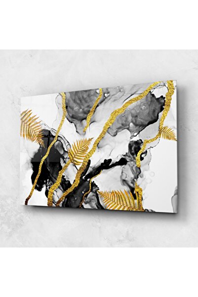 Arthub Glass Painting, Bedroom and Living Room, Leaves, Abstract Golden Leaves