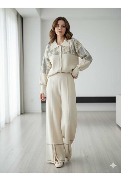 Cemre Life New Deux Ethnic Pattern Detailed Buttoned Knitwear Set