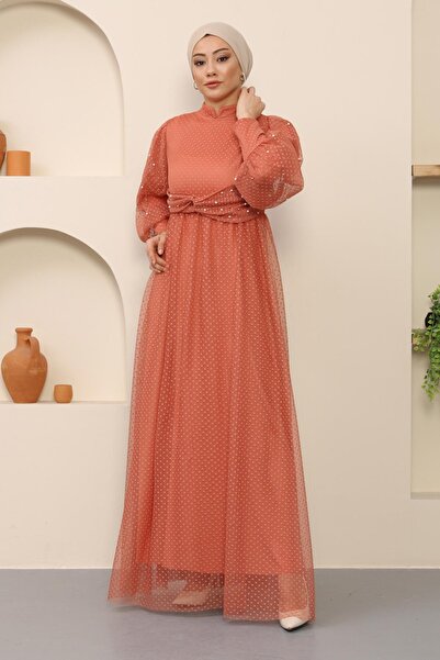 Modamihram Βραδινό φόρεμα από τούλι με λεπτομέρειες από πέρλες σομόν MSW12238-2