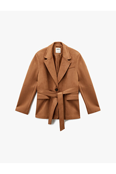 Koton Long Sleeve Buttoned Pocket Belted Suede Look Jacket