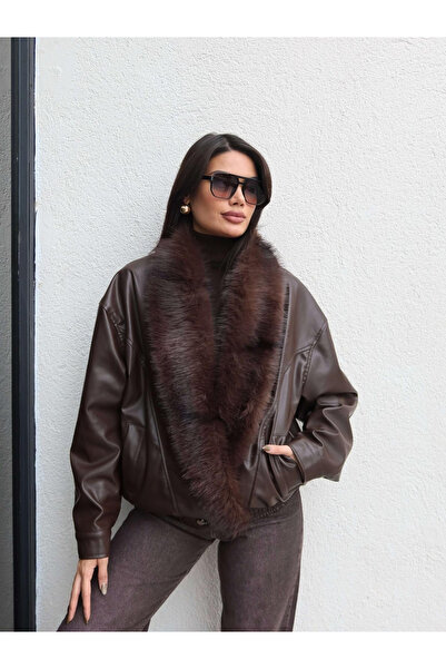 ASEDE Bersh Premium Leather Collar Fur Trim Buttoned Elastic Waist Imported Leather Jacket Coat