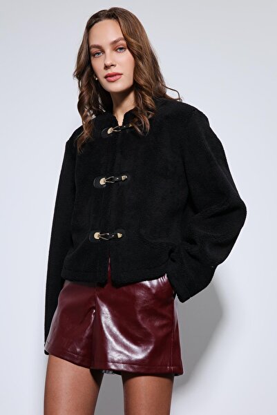 Antioch Black Embellished Buttoned Faux Fur Jacket