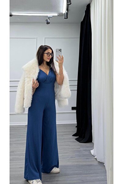 Daves Blue Sleeveless Double-Breasted Neckline Flared Stretchy Jumpsuit