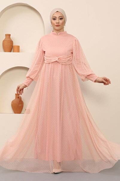 Modamihram Pearl Detailed Tulle Evening Dress Powder Msw12238-3