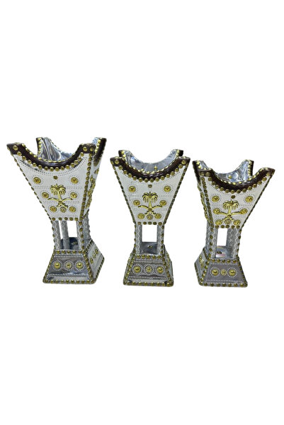 DOUS ASL 3-piece silver incense burner set, silver-brown wood, two swords and a palm tree, metal-plated