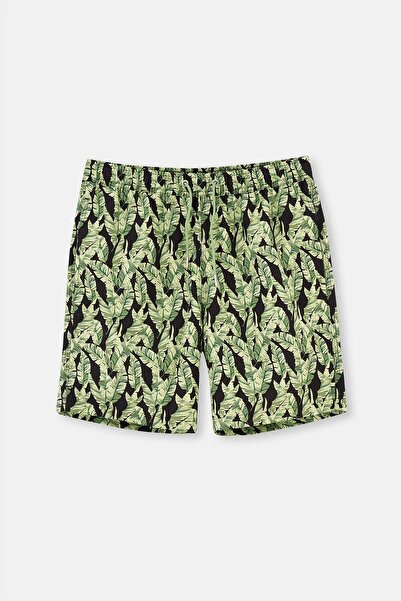 Dagi Black - Green Tropical Leaf Des. Long Shorts
