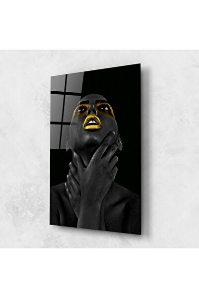 Arthub Tablou Sticla,Dormitor si Living, Black And Gold, Golden Lips Women