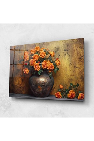 Arthub Tablou Sticla,Dormitor si Living, Flori In Vaza, Orange Vintage Vase