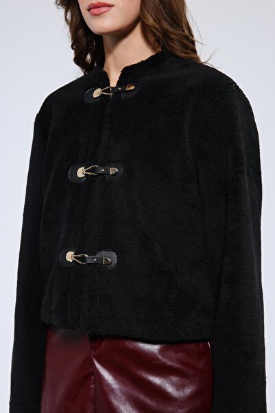 Antioch Black Embellished Buttoned Faux Fur Jacket