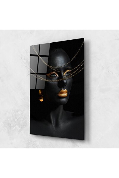 Arthub Tablou Sticla,Dormitor si Living, Black And Gold, Gold Chain Woman