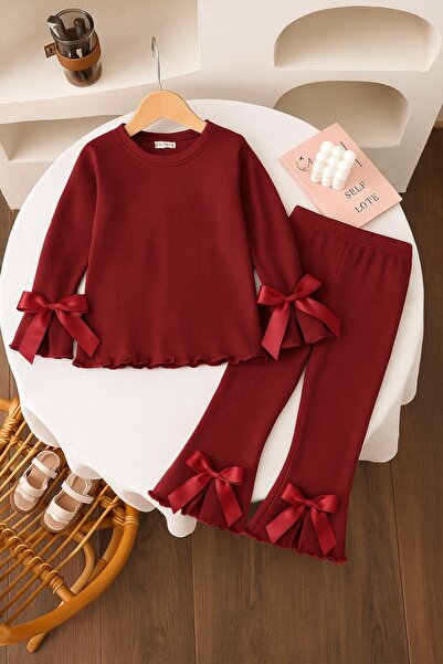 tunays shopping Girl's Ruffled Ribbon Detailed Ribbed Two-Piece Set (3-8 Years)