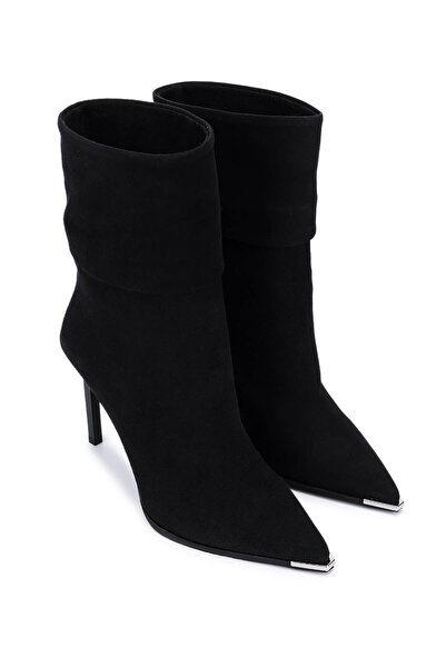 Tamer Tanca Women's Genuine Leather Black Suede Heeled Boots