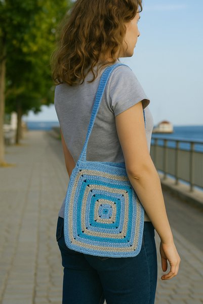 Fun Life Hand Knitted Square Shoulder Bag - Blue, Grey