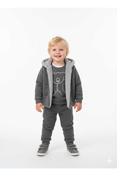 MİNİCE Baby Boy-Child Zipper Closure Fur Inside K Hooded Vest Sweat Bottom Tracksuit Three-Piece Thick Set