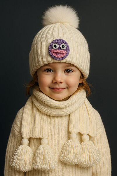 SİSTEM PELUŞ Children's Pom-Pom Beanie & Tassel Scarf Set |   Thick Knit, Warm-Keeping-Winter Combination