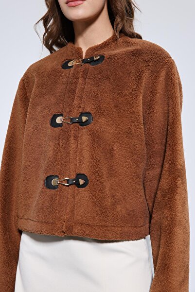 Antioch Coffee Embellished Buttoned Faux Fur Jacket