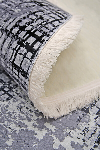 Dijidekor Digital Oval Fringed Carpet Modern Designed Gray Color Erasable 160X200