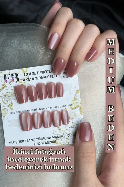 Easy Beauty Kedi Gözü MEDIUM Beden Kısa Küt 10 Adet Takma Tırnak Seti T132