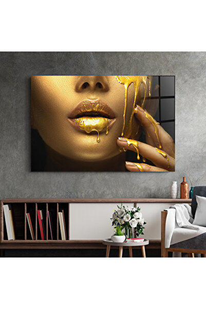 Arthub Tablou Sticla,Dormitor si Living, Black And Gold, Golden Lips