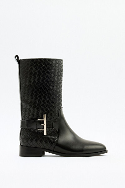 LUTVELIZADE Çizme 2526 - Örgü Desenli Kısa Siyah Kadın Çizme