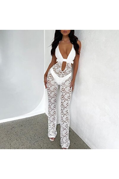 my cherie Long Lace Jumpsuit with Elastic Waistband White