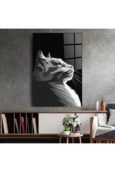 Arthub Glass Painting, Bedroom and Living Room, Black and White, Grey Cat On Black