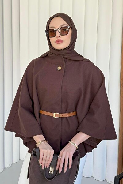 Modaensarbutik Kemer Detaylı Kaşmir Kumaş Panço-KAHVERENGİ