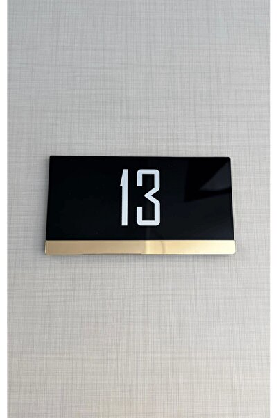 Yönline Gold Striped Black Glossy Plexiglass Door Number 13X7 cm Self Adhesive