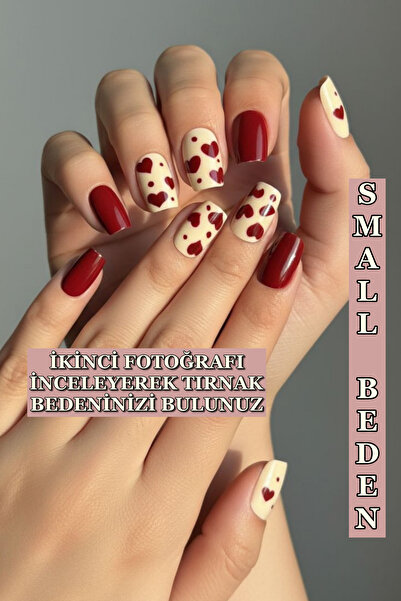 Easy Beauty Kırmızı Kalpli SMALL Beden Kısa Küt 10 Adet Takma Tırnak Seti T093