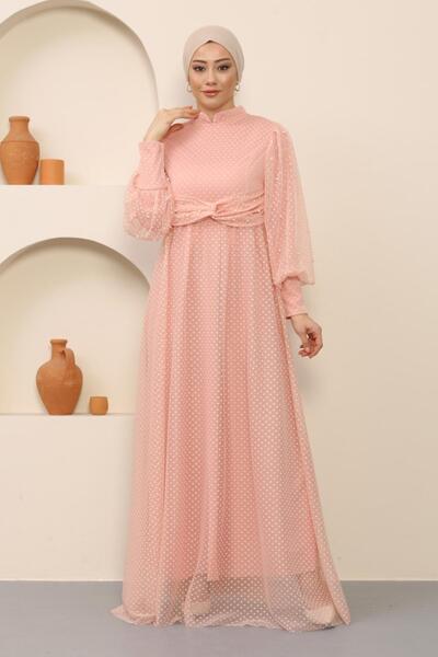 Modamihram Pearl Detailed Tulle Evening Dress Powder Msw12238-3