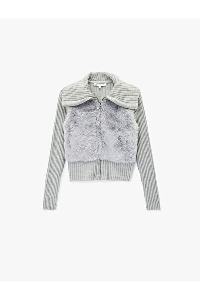 Koton Slim Fit Long Sleeve Mock Neck Zippered Faux Fur Cardigan