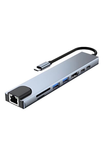 OEM USB-C 8-in-1 Hub Adapter — 4K HDMI, USB 3.0, SD/TF Reader, Gigabit Ethernet, 87W PD, Silver