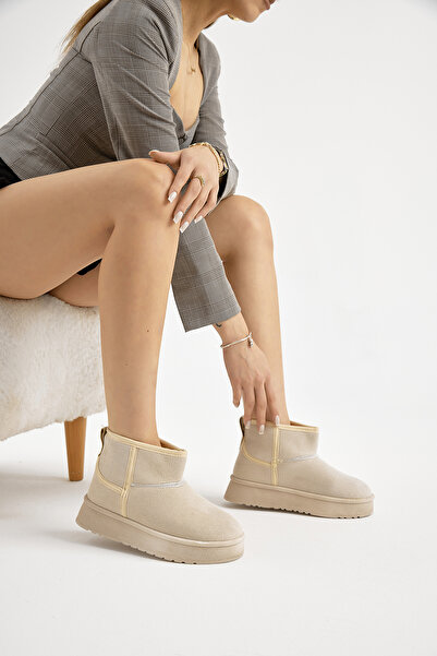 Tonny Black Women's Beige Thick Poly Sole Suede Look Casual Boots