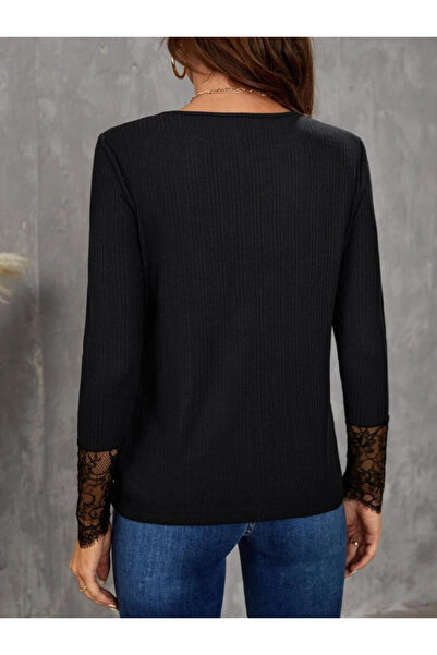 babatr.com Women's Long Sleeve Crew Neck Lace Detailed Twist Blouse