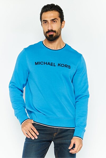 Michael Kors سويت شيرت رجالي بأكمام طويلة وشعار مطرز ورقبة دائرية، أزرق/أسود