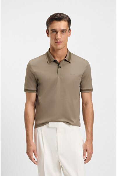 BOSS Men's Polo Neck Button Closure Color Detail on Collar and Sleeves Light Brown Polo Neck T-Shirt 50543865-245