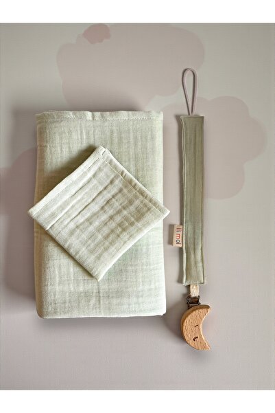 Lil Moi %100 Pamuk Çift Katlı Mint Müslin Kumaş Set (90x90 cm Müslin Örtü, Em...